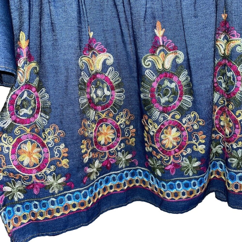Anthropologie Uncle Frank Blue Denim Embroidered BOHO Split Neck Peasant Top SM - Picture 5 of 13